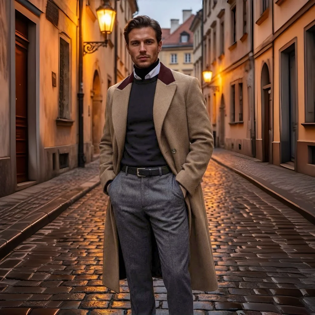 Men's Windproof Coat Double-Breasted Woolen Coats Outdoor Warm Jacket with Lining Thickened Woolen Fabric Overcoat