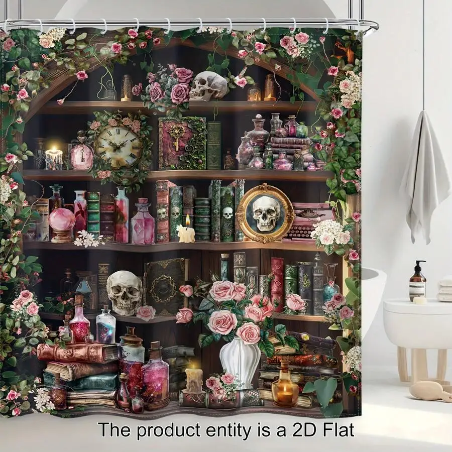 1pc - 2D Flat Gothic Skull Shower Curtain, Complete Bathroom, Bathroom Decor And Accessories, Retro Wizard Magic Bookshelf view 4