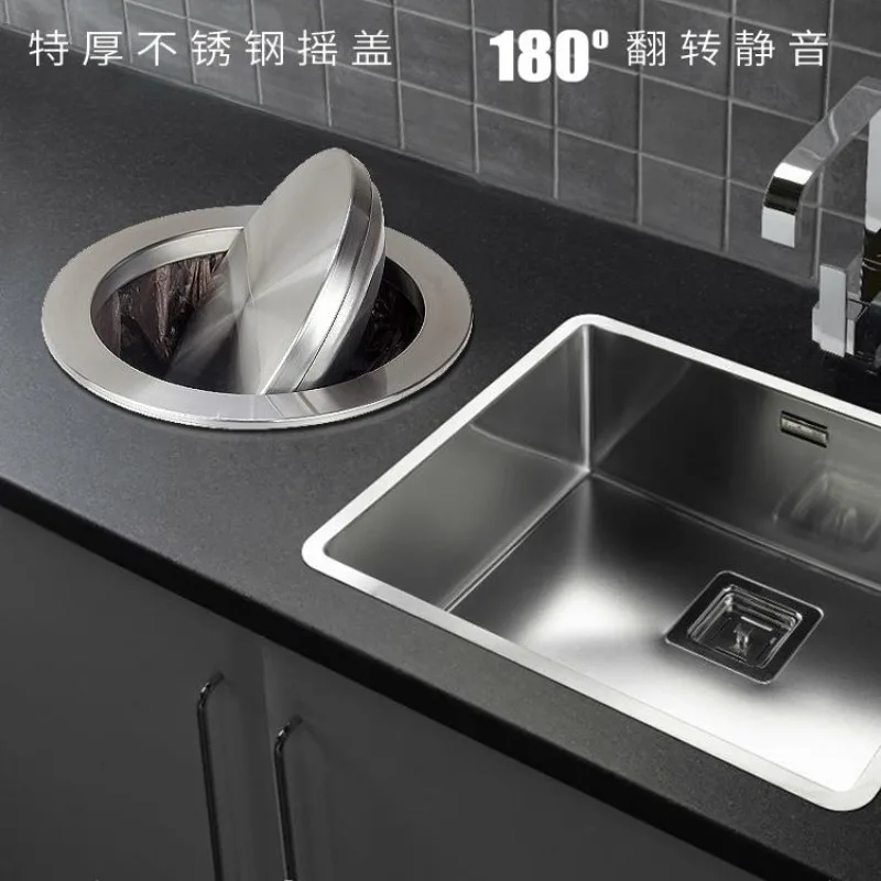 Stainless Steel Flap Flush Recessed Built-in Balance Swing Flap Lid Cover Trash Bin Garbage Can Kitchen Counter Top
