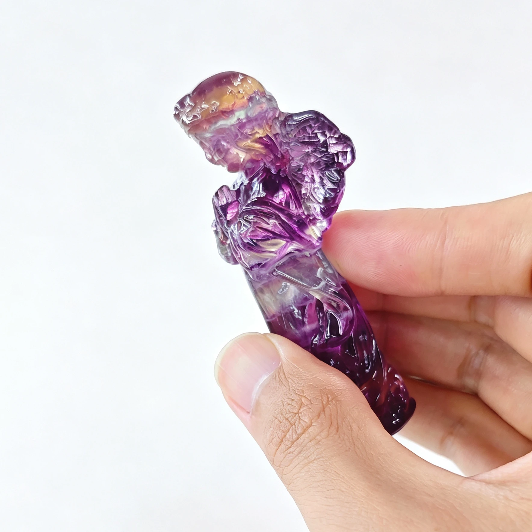 Natural Light Rainbow Fluorite Carved Angel Figurine Praying Guardian Statue Purple Yellow Crystal Home Decor Gift 1 Pc