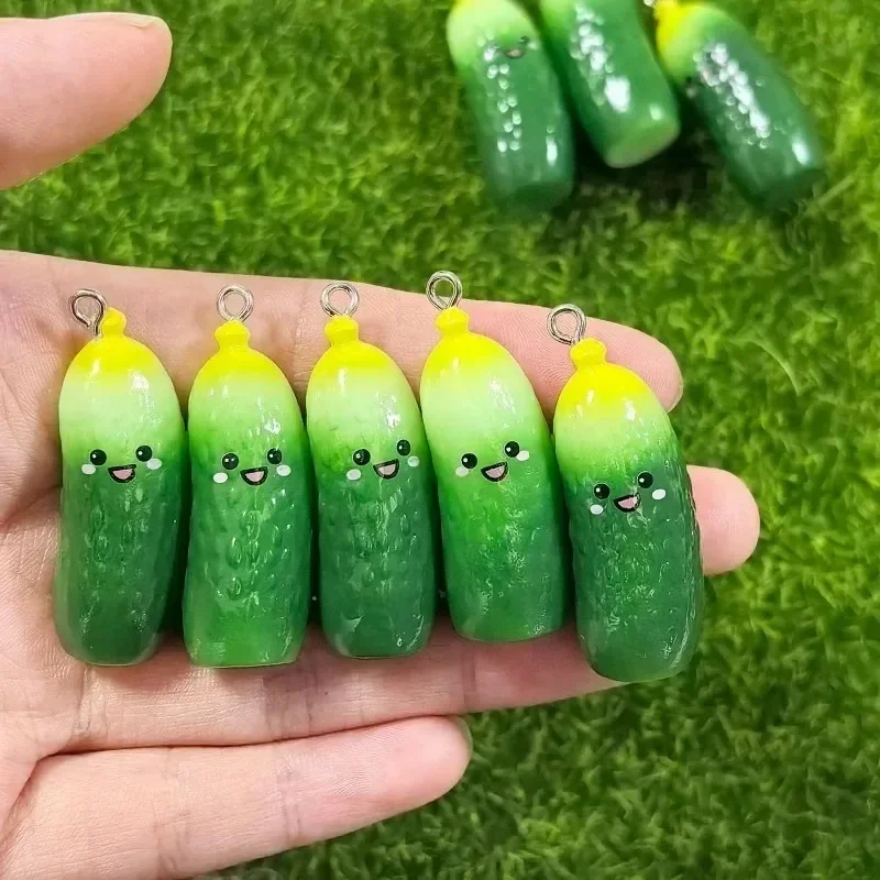 6Pcs Lovely Mini Cucumber Resin Pendants, Kawaii Vegetable Charms Supplies for DIY Keychain Phone Lanyard Necklace Accessories