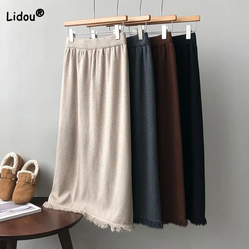 

Simplicity Fashion Female Straight Tassel Knitted Skirt Autumn Winter Korean All-match Solid High Waist Skirts Women's Clothing