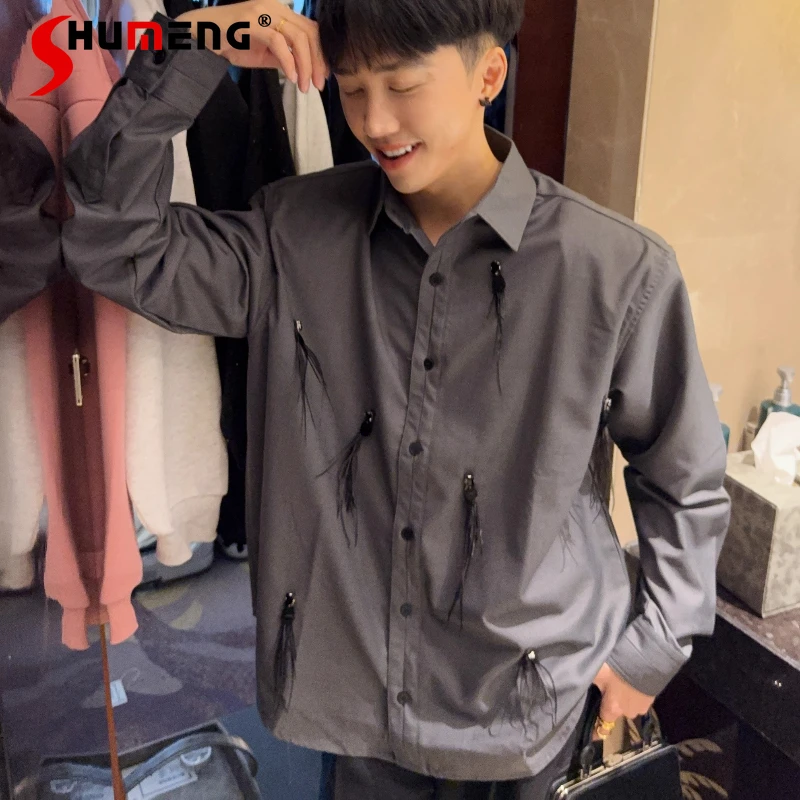 

Men's 2025 Autumn New High-End Loose Comfort Tops Solid Color Shoulder-Padded Shirts Fashion Hand-Sewn 3D Sequin Feather Shirts