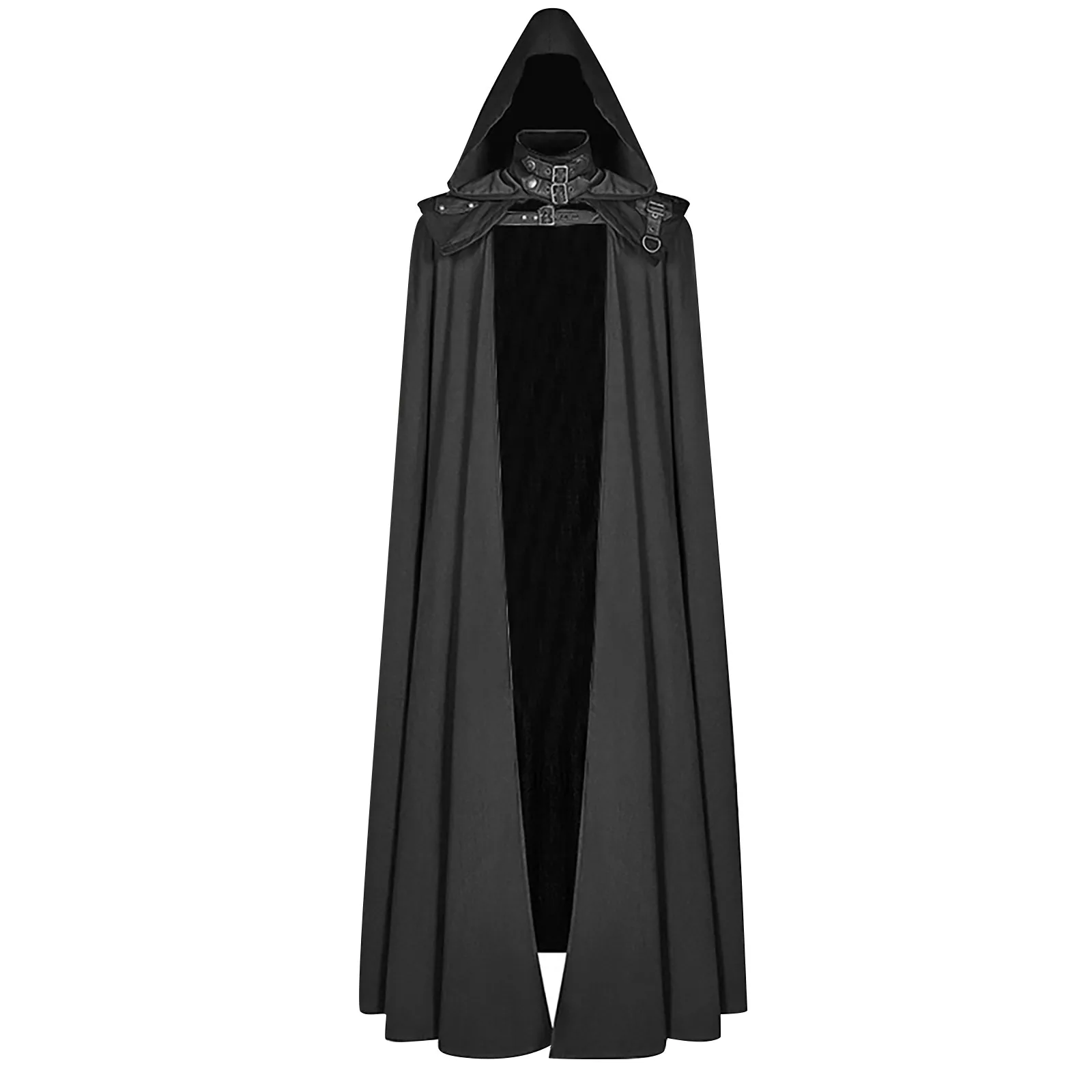 

Medieval Cloak Hooded Coat Men Halloween Cosplay Costume Vintage Gothic Buckled Stand Collar Leather Shoulder Knights Maxi Cape