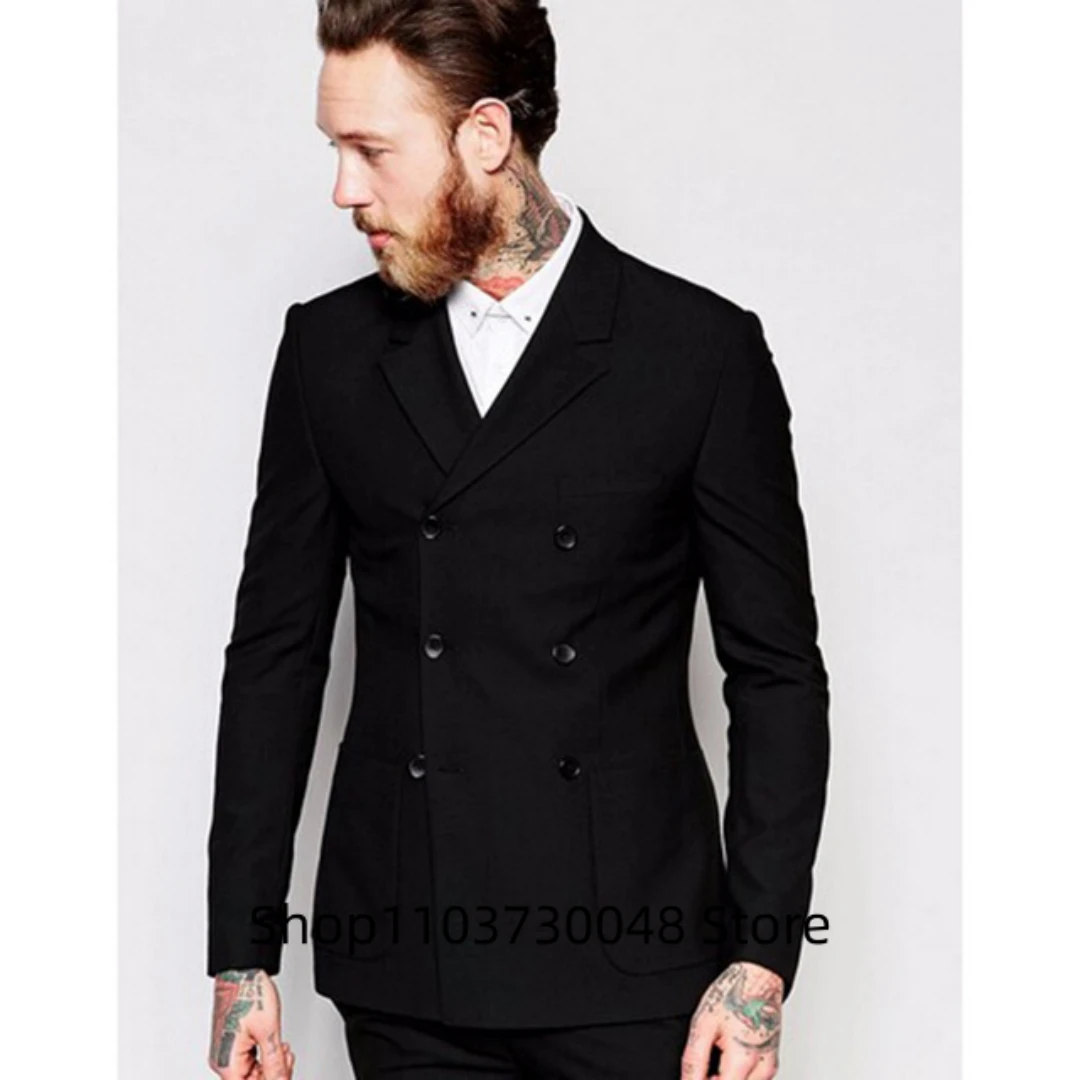 

Elegant Black Slim Fit 2 Piece Wedding Men's Suits Notch Lapel Double Breasted Blazer with Pants Formal Business Groom Tuxedo