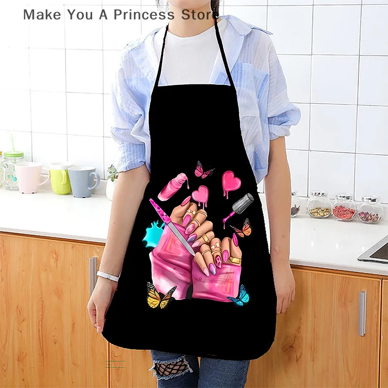 Nail Polish Printing Beauty Kitchen Women Apron Household Cleaning Pinafore Salon Home Cooking Baking Manicure Work Clothes