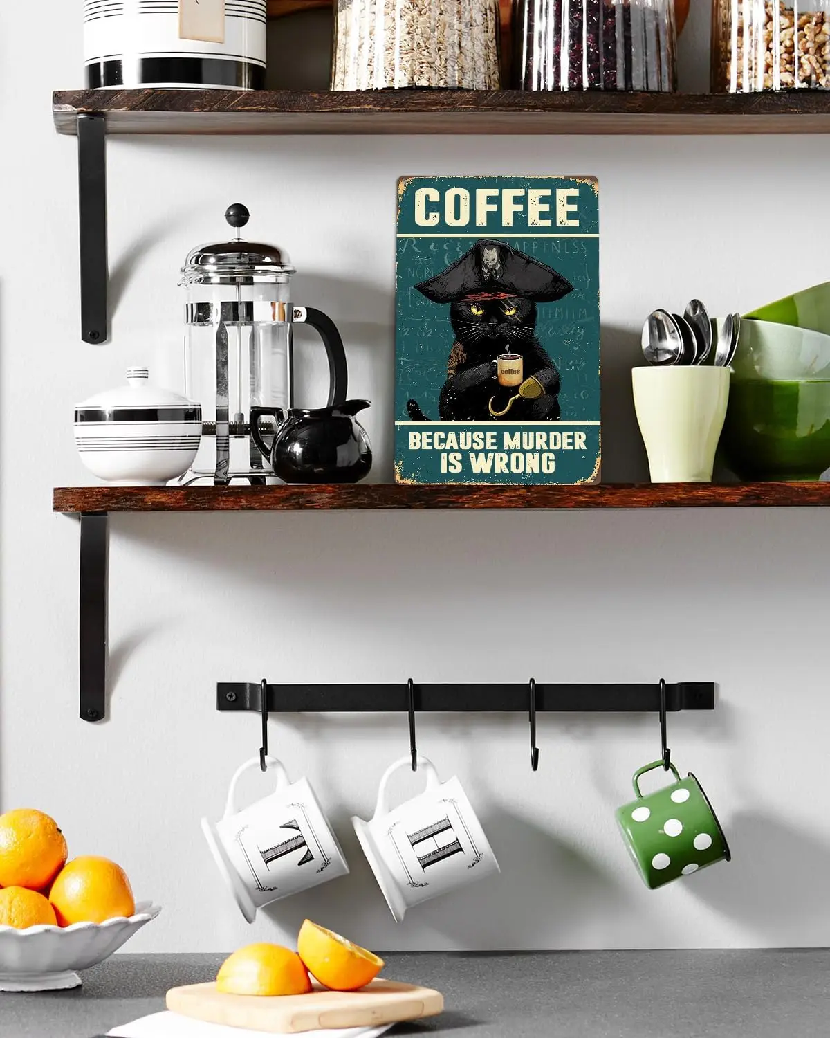 Kitchen Wall Decor Black Cat Coffee Sign - Because Murder Is Wrong - 8x12 Inch Vintage Metal Sign for Coffee lovers