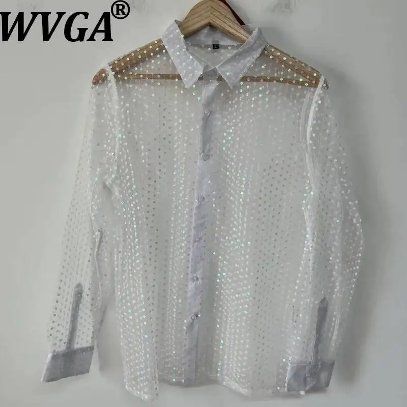 WVGA Summer New Men's Sequin Sheer Mesh Loose-fitting Personalized Versatile Long Sleeve Shirt Niche Chic Casual Tops Ins W22980