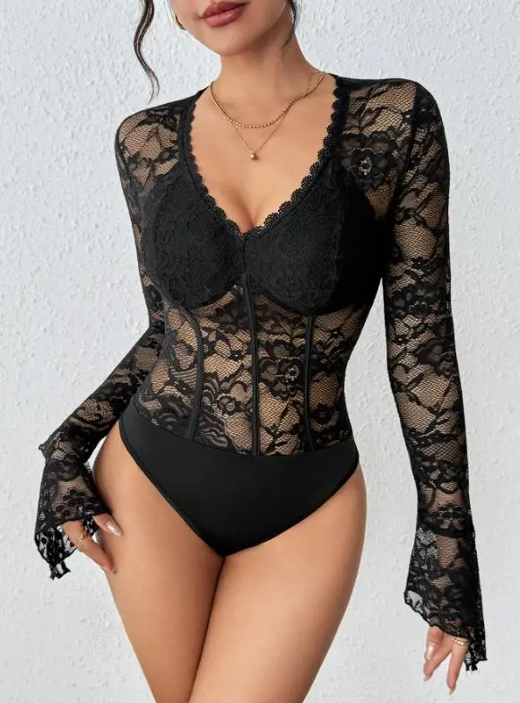 

2025 New Sexy Lace Lace V-Neck Tight Black Jumpsuit