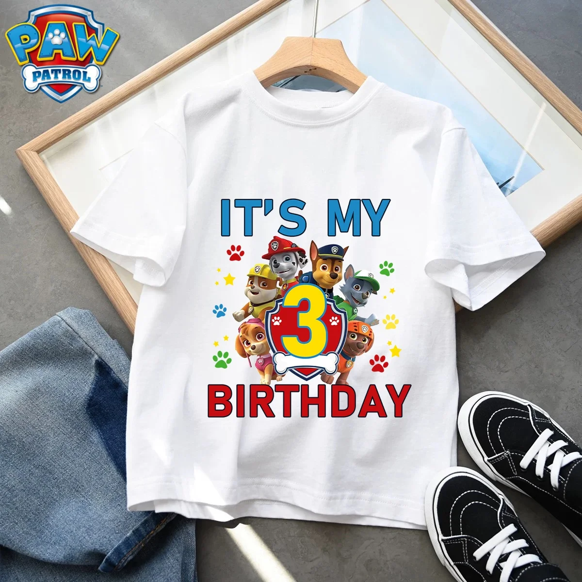 Paw Patrol Number T-Shirt Simple Ummer Birthday Clothes ChildBasic White Black Short Sleeve Anime Cartoon Chase Skye Sren Gift