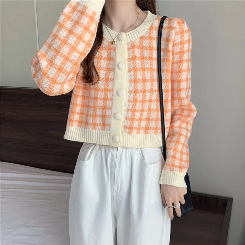 Korean Fashion O-Neck Short Knitted Sweaters Plaid Women Cardigan Single Breasting Y2k Sweaters For Women Autumn Casual Top