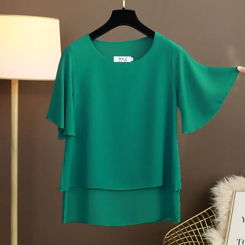 Oversized Summer Women Blouses Short Sleeve Solid Chiffon Blouse Casual O-Neck Ladies Cozy Tops Loose 5XL 6XL 2022 Femininas Top