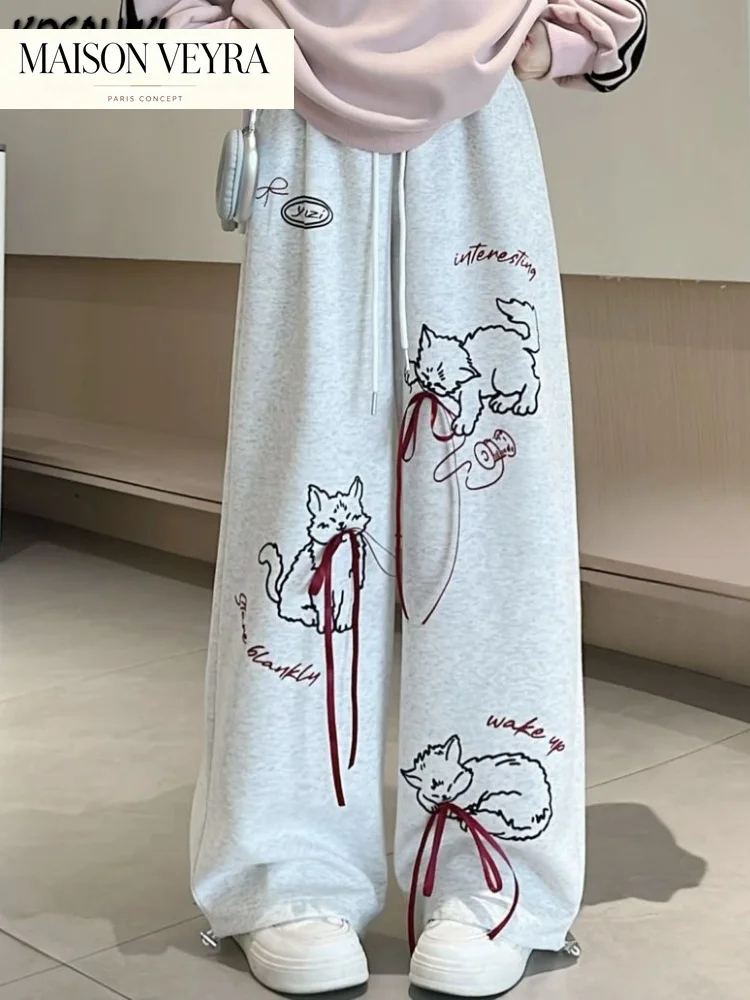 Preppy Style Cartoon Cat Print Femme Vintage Wide Leg Pants Causal Women Y2k Aesthetic Bow Trousers Harajuku Loose Bottoms