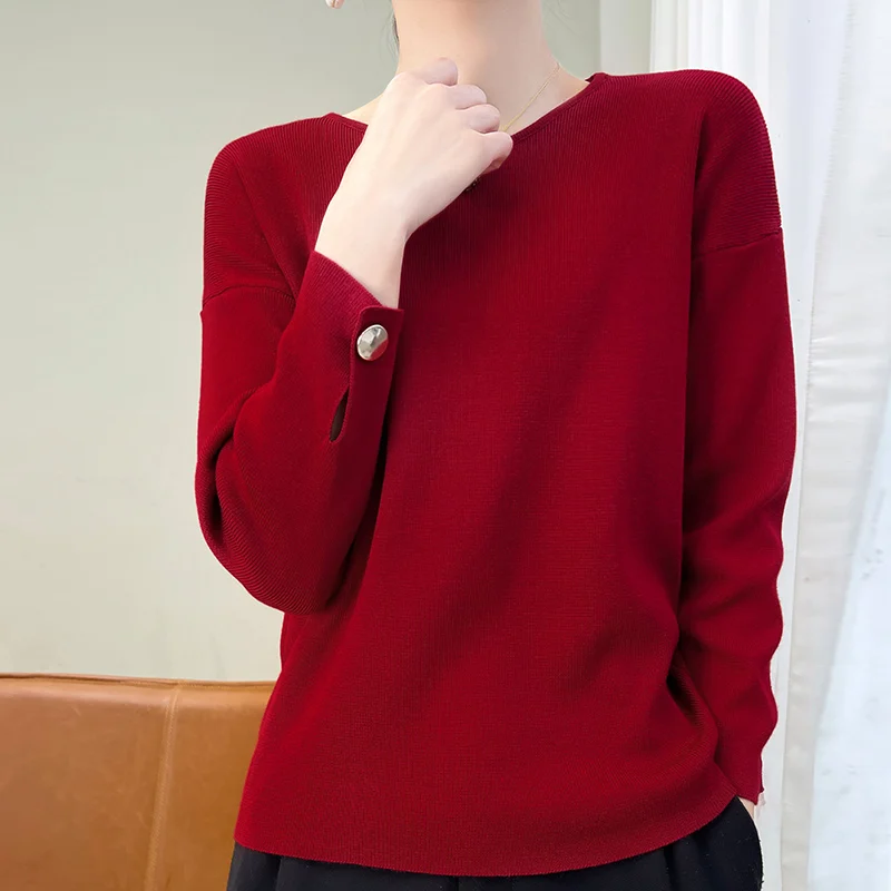 Spring Stylish O-neck Sweater Solid Color Women Knit Three-quarter Sleeve Botton Top Fashion Autumn Casual Loose Female Pullover