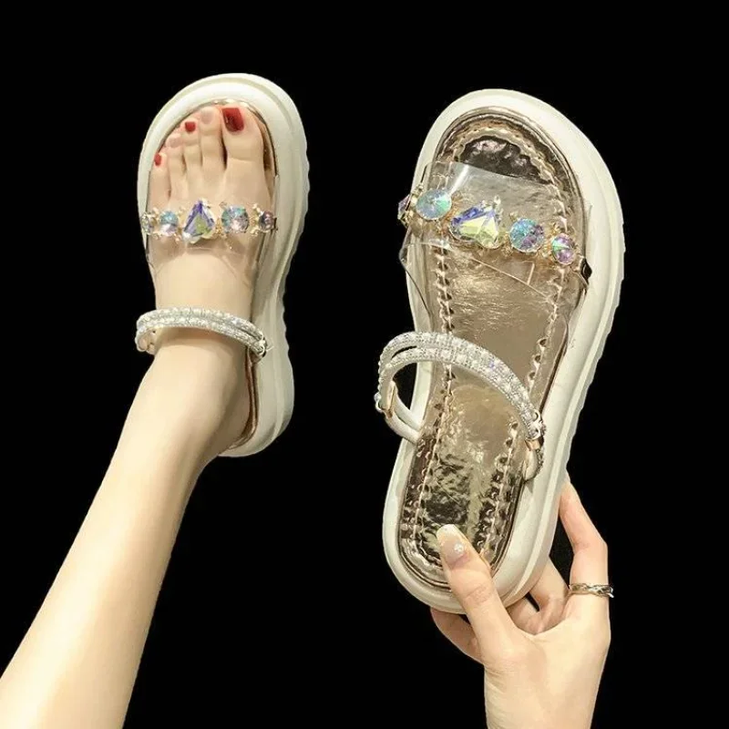 Outdoor Transparent Footwear Diamond Sandals for Women Slippers Platform Ladies Shoes Summer 2024 Gold Asian Size Vip Sale Korea