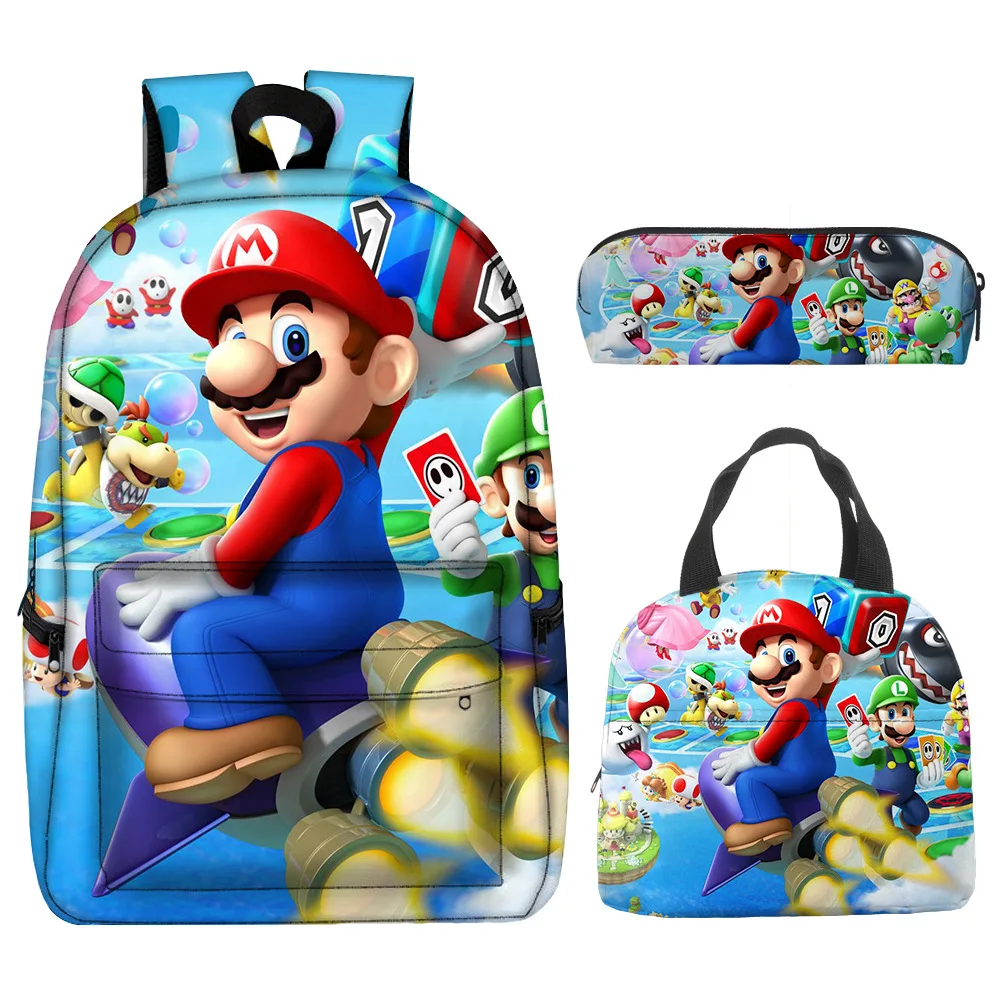 3PC-SET Mario Schoolbag Mario Mario Brothers Backpack Cartoon Student Pencil Bag Lunch Bag schoolbag boys and girls Backpack