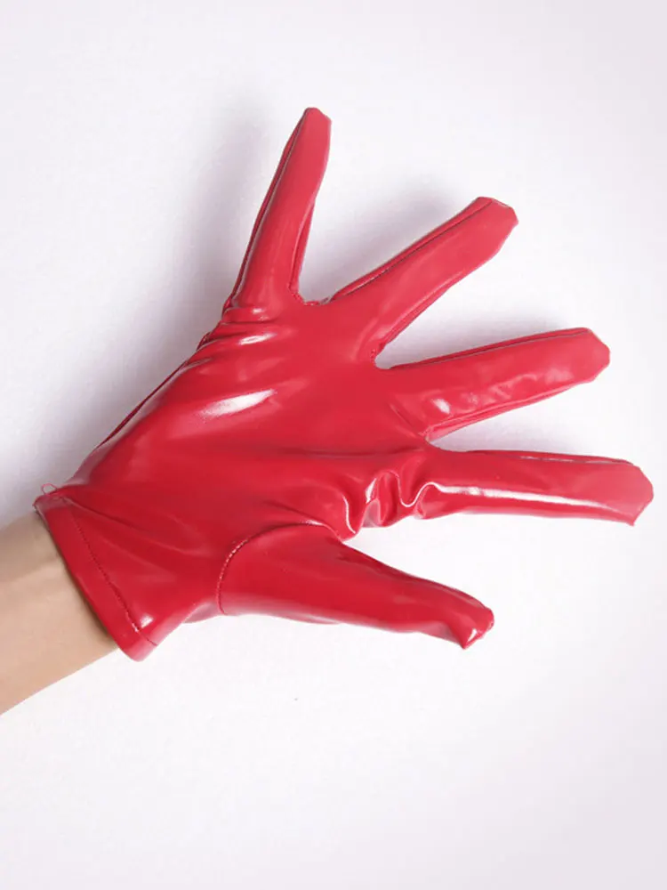 Guantes cortos de cuero de látex PU para mujer, traje de sirvienta calado Sexy, guantes de cinco dedos, Mini guantes brillantes de PVC para club nocturno