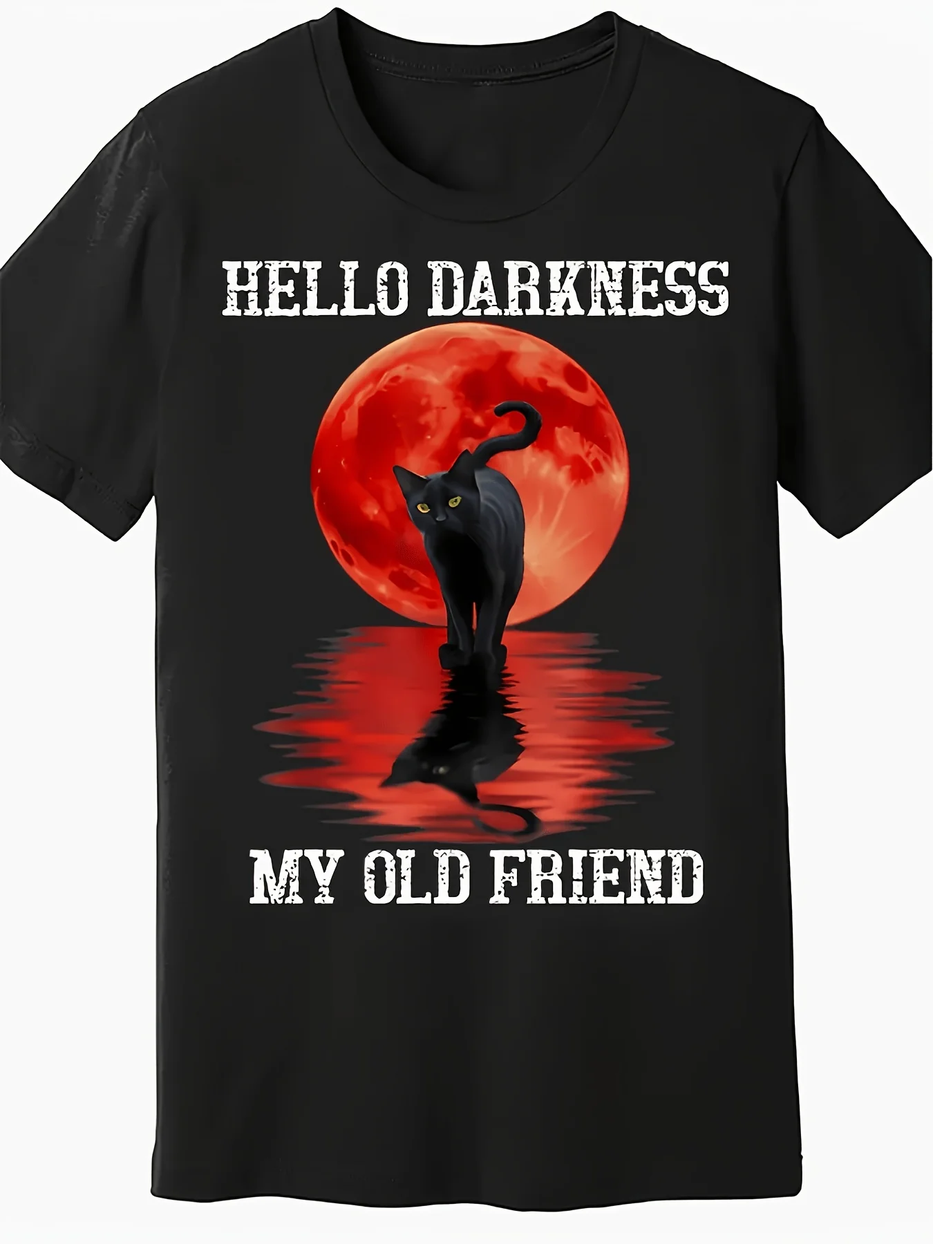 Men'S Black Cat Graphic T-Shirt - Hello Darkness, My Old Friend Soft And Comfortable, Casual Crew Neck, Suitable for All-Season Casual Wear, Printed Cat T-Shirt with Slight Stretch Fabric, Classic Retro Style, Round Neck Short Sleeves, Plus Size