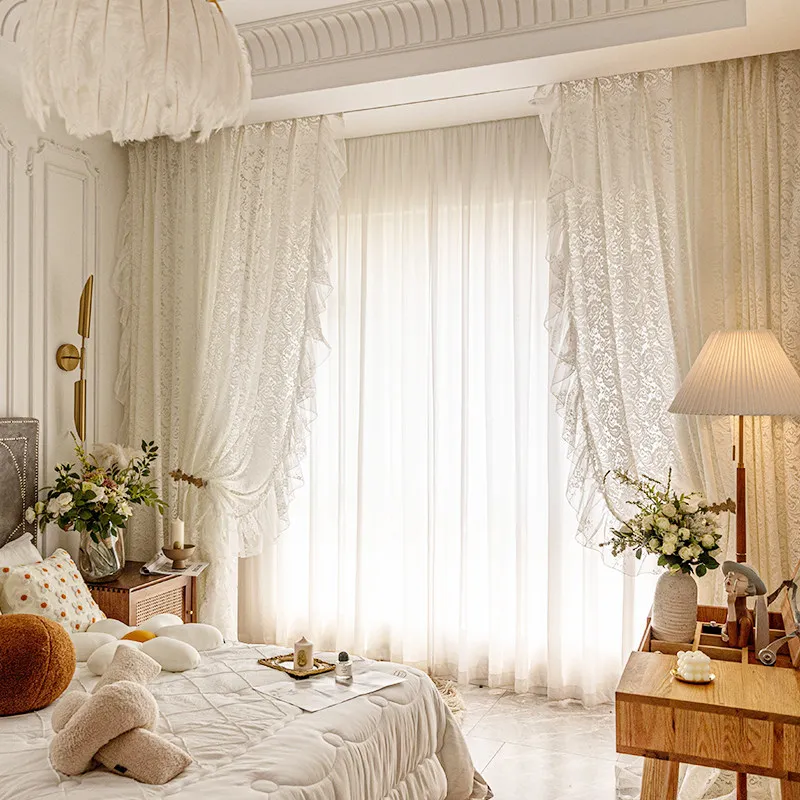 Oversized Ruffle-Lace Thickened Curtain Window White Tulle Curtains for Living Dining Room Bedroom Custom Size Wedding Modern