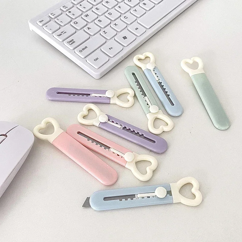 Kawaii Love Heart Utility Knife Paper Cutter Pocket Knife Safety Box Cutter Envelope Opener Refillable Blade Korean Stationery