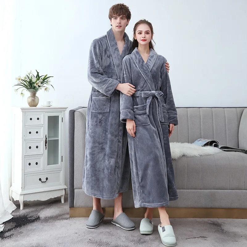 New Arrival Flannel Thickening Velvet Couple Bathrobe Autumn Winter Men\'S Long Section Coral Fleece Nightgown Female Sleepwear