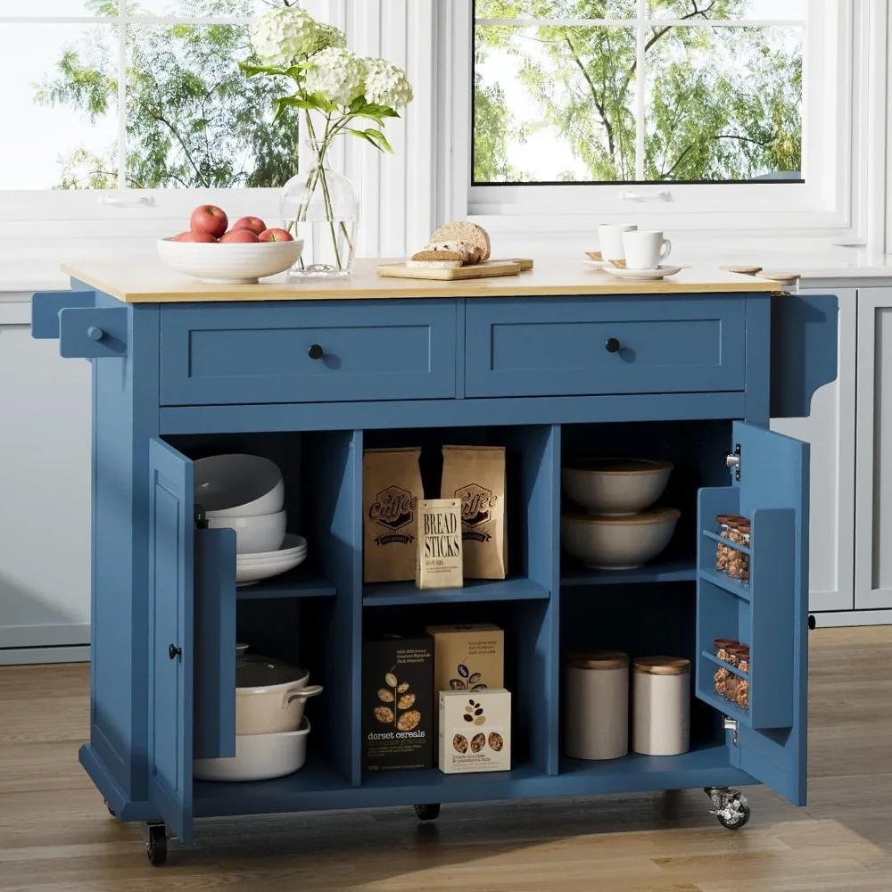 

53 Inch, Portable Island Table for Kitchen with 2 Shelves 2 Drawers and 2 Cabinets, Kitchens Islands & Trolleys