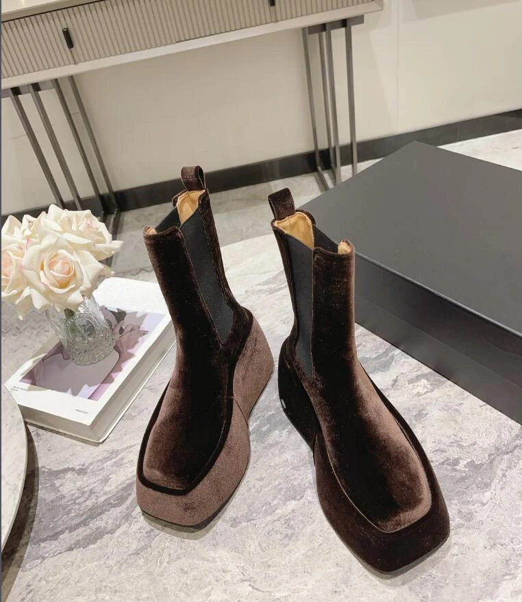 Soft Cake Thick Bottom Water Platform Velvet Slip on Short Boots Female Gold Blue Gorgeous Luxury Height Increasing Party Shoe