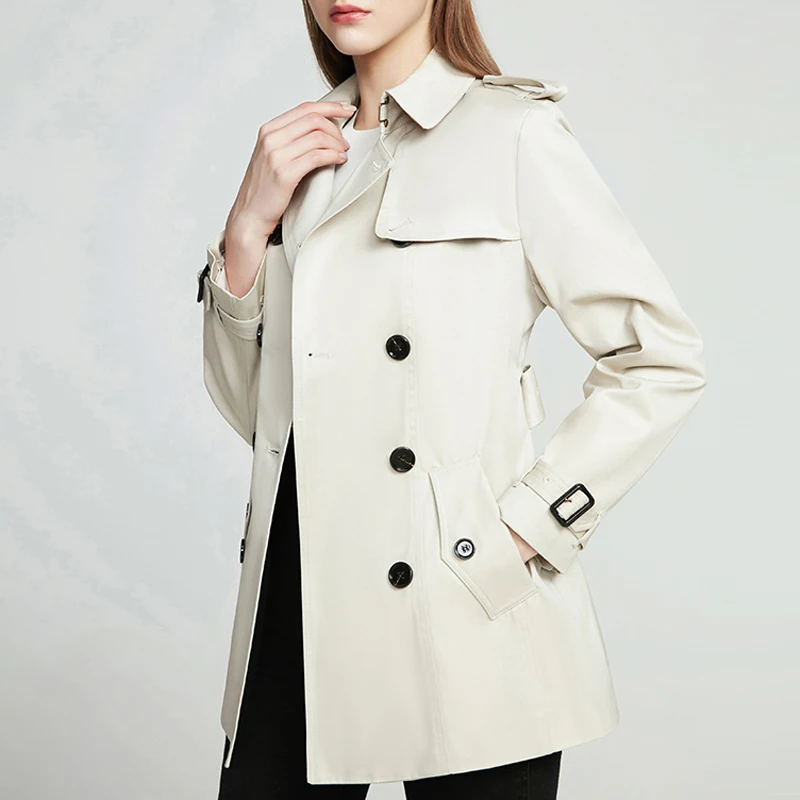 Trench da donna corto doppiopetto slim fit moda britannica giacca a vento da donna in cotone antipioggia personalizzata