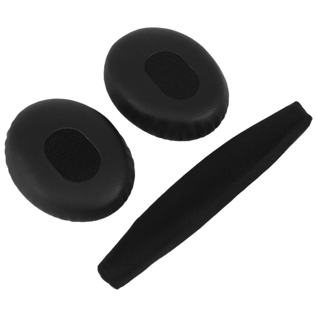 A pair of black ear cushions with head pad for Bose QC3 Quiet Comfort 3 headphones