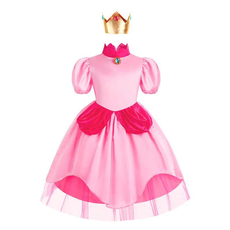 Girls Summer Cosplay Pink Princess Peach and Princess Glinda Short Sleeve Princess Cute Pink Dress Carnival Apparel Set 2-12 Yrs