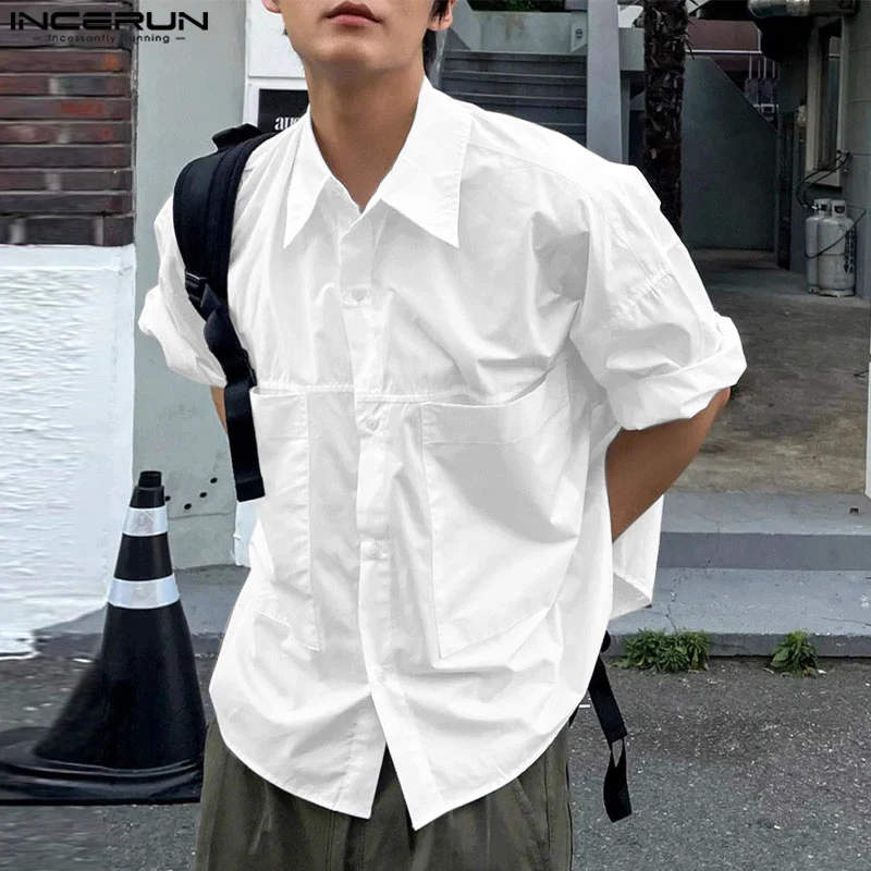 INCERUN Tops 2024 Korean Style Men\'s Fashion Simple Cropped Blouse Casual Streetwear Male Solid Short Sleeved Lapel Shirts S-5XL