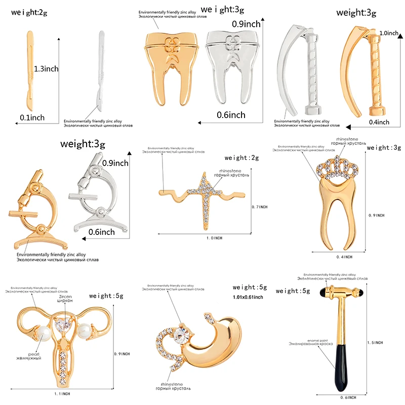 Colección de broches médicos, microscopio de cristal para el útero, bisturí, estómago, ECG, alfileres de dientes, joyería para médico y enfermera