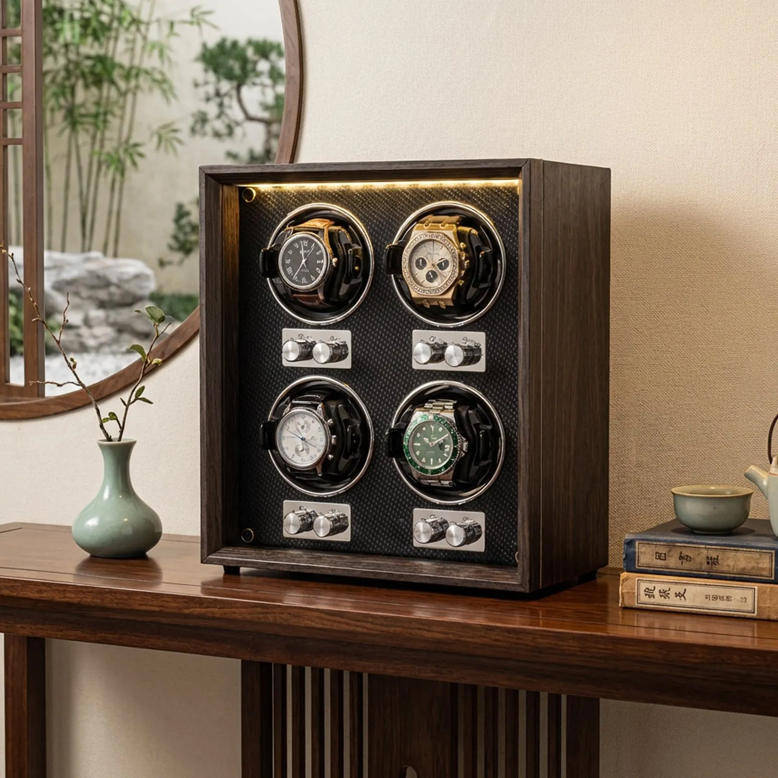 

Wood Grain Watch Winder Automatic Mechanical Watch Box Silent Mabuchi Motor Anti-magnetic LED Light Luxury Watch Storage Case