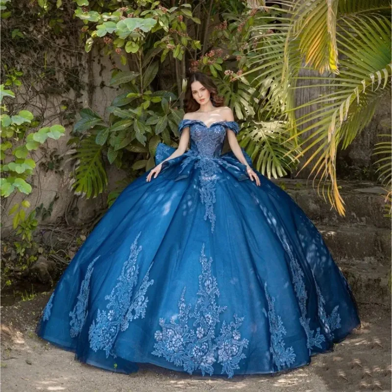 Doymeny gaun manik-manik renda Appliques Navy Tell gaun bola manik-manik gaun Quinceanera manik-manik Off shoull manis 15 gaun kustom Vestidos De 15