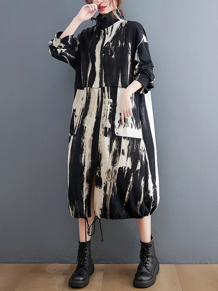 2024 Autumn Winter Oversized Turtleneck Long Trench Coat For Women Drawstring Casual Loose Vintage Print Outerwear Cardigan