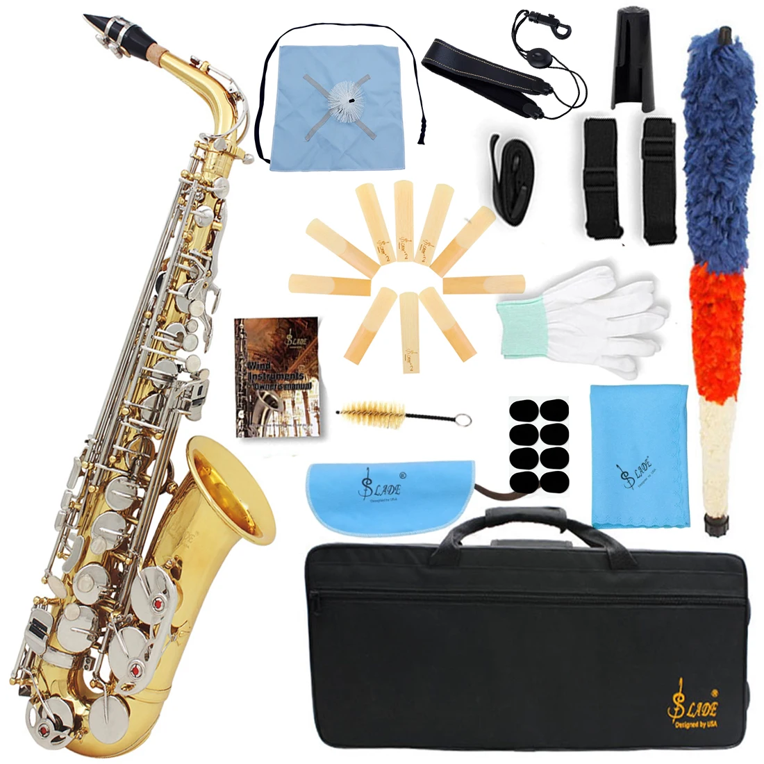 

Gold Silver Alto Saxophone SLADE Eb Brass Instrument Performance Saxophone with Box Cleaning Cloth Brush Reed Strap Accessory