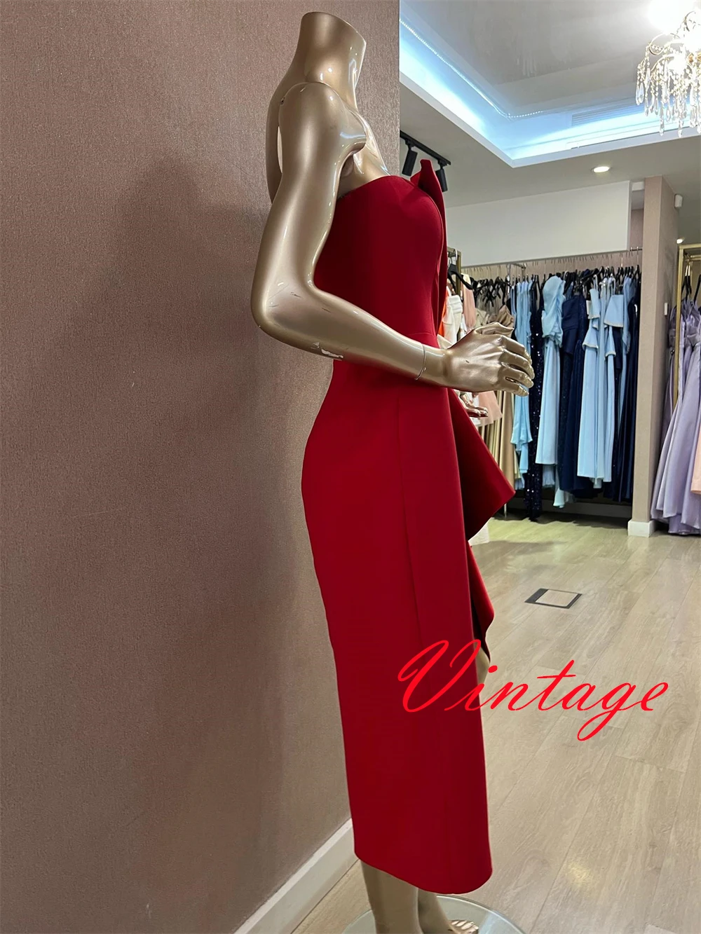 

Customized Red Satin Front Slit Sexy Evening Dress Strapless Sleeveless BowvDelicate Prom Dress Temperament Bridal Gowns