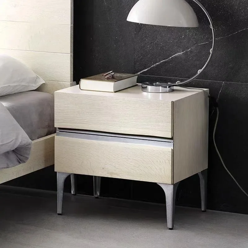 Vintage White Minimalist Oak Wrought Iron Master Bedroom Bedside Table