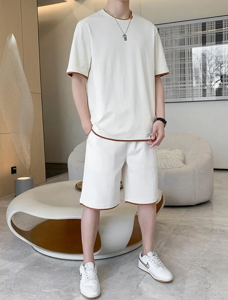 

Sports Suits Male T Shirt Short Sets Plain Chic Basic Aesthetic High Quality Korean Two Piece Style 2025 Cool Men's Shorts Set