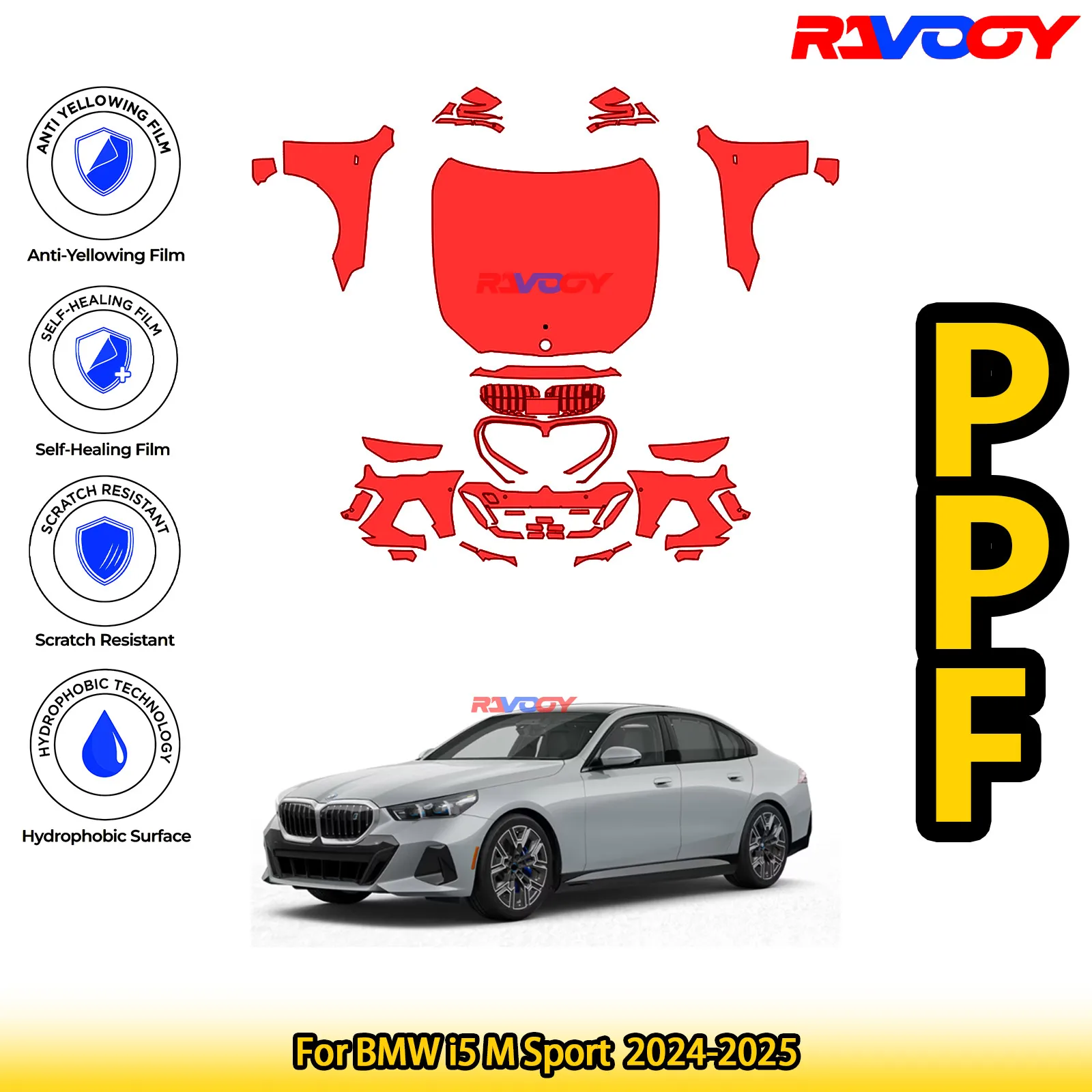

Для BMW i5 M Sport 2024-2025 глянцевый матовый черный предварительно вырезанный передний комплект PPF, защитная пленка для краски