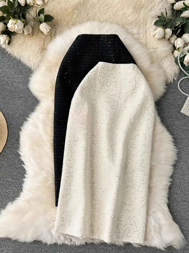 Koreaanse Mode Wit Pailletten Ontwerp Lange Rokken Voor Vrouwen Casual Streetwear Sexy Club Black Party Midi Rok Dames Herfst Winter