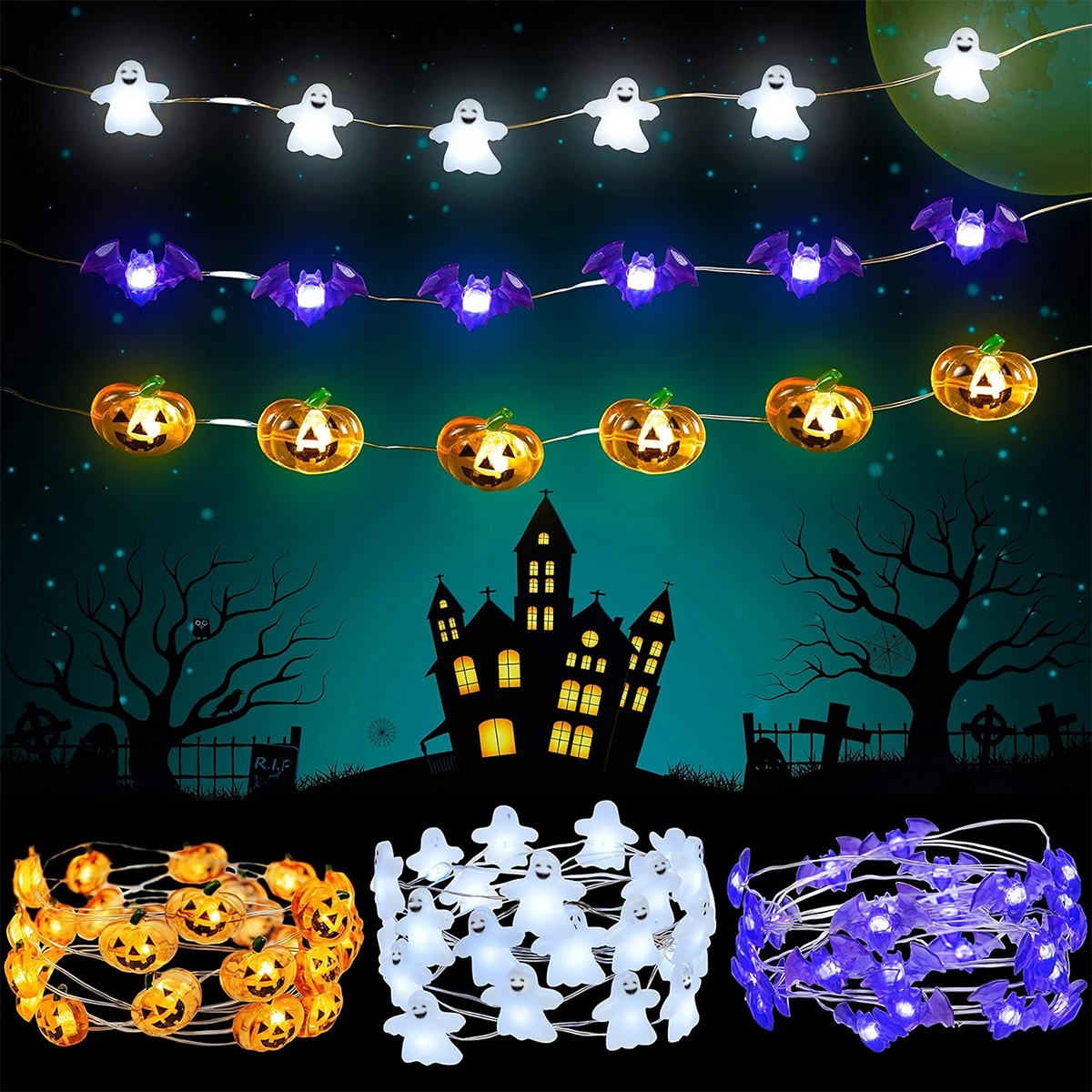 

3pcs 2M20 LED Halloween Battery Operated Copper Wire String Lights With Ghost Pumpkin Bat Halloween Spooky Fairy Lamp Perfect