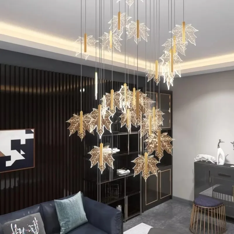 Maple Leaf LED Chandeliers Duplex Villa Stairway Hanging Lamp Stair Decoration Dining Room Lighting Bedroom Bedside Fixtures