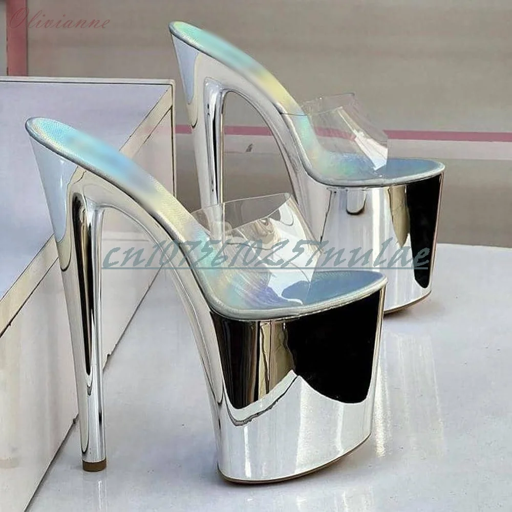 Rose Red Shiny Leather Dance Slippers Clear PVC Peep Toe Stiletto High Heels Shoes for Women Fashion Pole Dance Shoes Sexy New