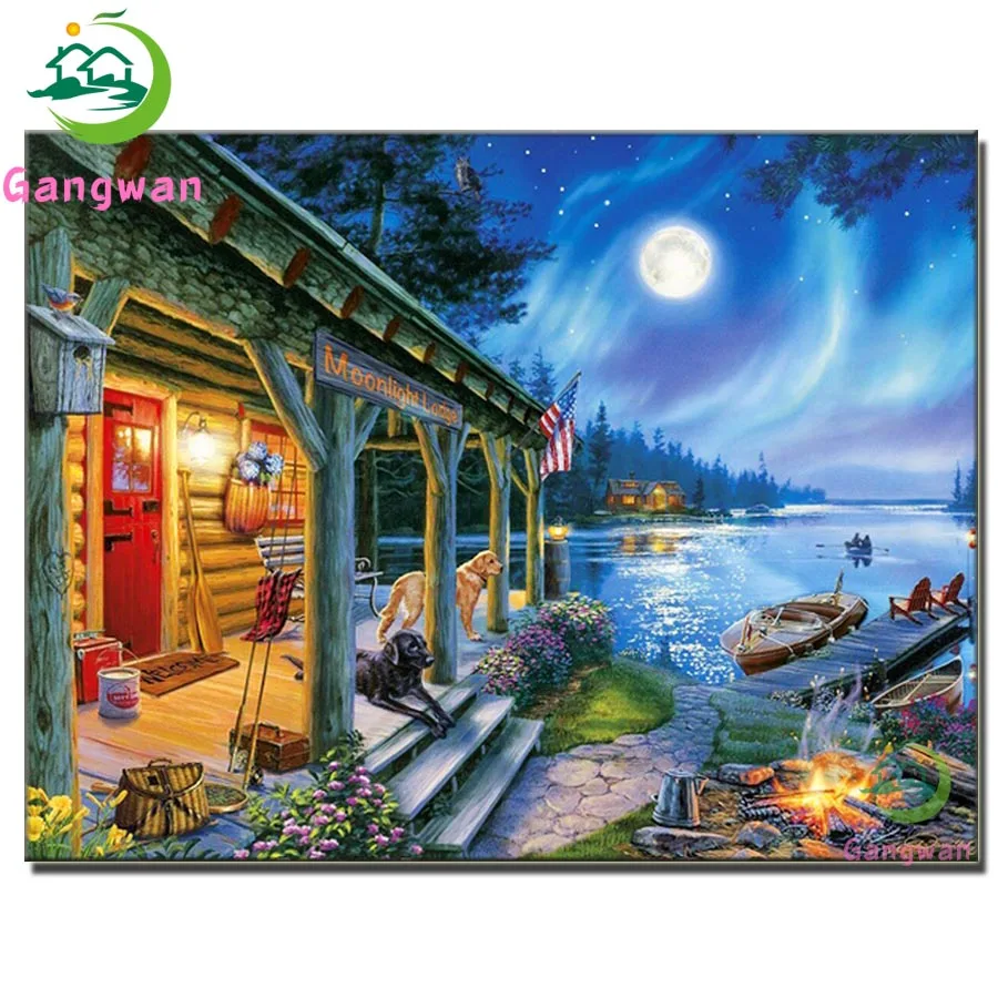 Riverside wooden houses small bridges boats Inlaid Diamond Painting Embroidery,moon night,full Square Or Round, Wall Decoration,