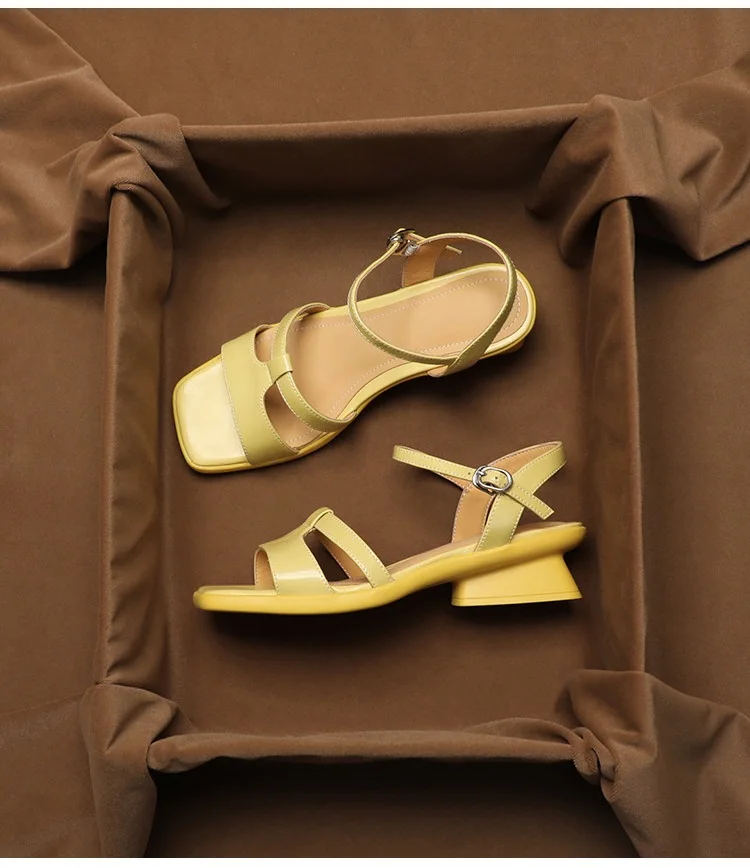 SHOEBOX French leather open toed sandals for women in the summer of 2026, paired with skirts, featuring a thick heel