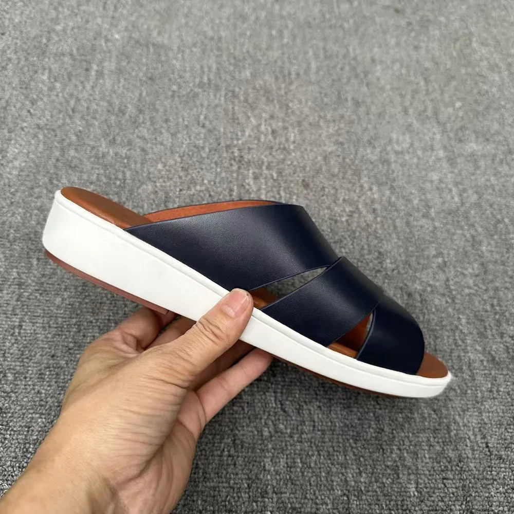 2026 New Men's Leather Cross Strap Slide Sandals Non-slip Thick Sole Casual Summer Slippers