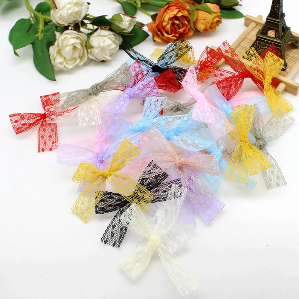 20 or 50PCS 85*85mm Lace Ribbon Bows For Craft Small Bowknot Gift Flower Wedding Bow  Handwork DIY Decoration Bows