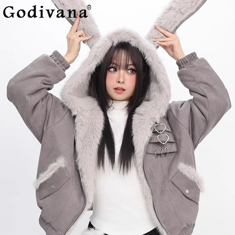 

High Street Thickened Warm Plush Jacket for Women Long Sleeve Loose Hooded Coat Female Japanese Style Sweet Hoodies Jackets