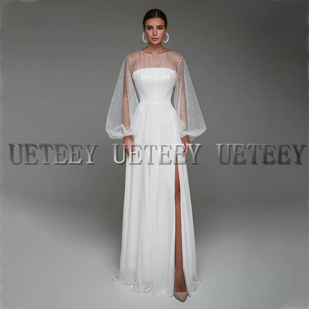 Customized Modern Wedding Dresses Puffy Tulle Sleeves With Pearls Chiffon A-Line Bride Gowns Wedding Party Gown Side Slit